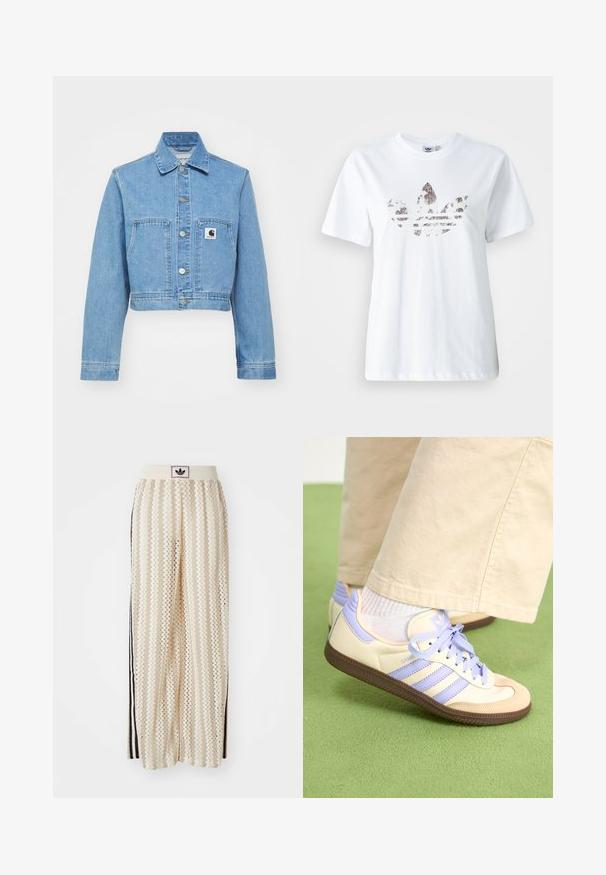Blue denim cropped jacket with a button closure, two front pockets, and a logo label. Features a classic collar and long sleeves.; White cotton T-shirt featuring a large, glittery, dark graphic of the Adidas trefoil logo on the front. Short sleeves and crew neckline.; Cream-colored wide-leg pants with a zigzag pattern, featuring a black logo waistband and side black stripes. Lightweight, textured fabric.; Cream and lavender sneakers with three stripes and a textured brown sole, featuring laces and a padded heel. Soft fabric upper.
