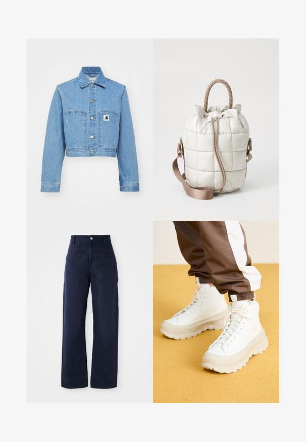 Modrá džínová skrátená bunda s gombíkovým zapínaním, dvoma prednými vreckami a logom. Má klasický golier a dlhé rukávy.; Biely bavlnený tričko s voľným strihom, krátkymi rukávmi a malým vyšitým logom na ľavej strane hrude.; Námornícke modré široké cargo nohavice zo silnej bavlny, s bočnými vreckami a zapínaním na gombík v páse.; Biele vysoké tenisky s hrubou štruktúrovanou podrážkou, majúce hladký zvršok, okrúlu špičku a zladené šnúrky, na žltom pozadí.; Prešívaná svetlo béžová taška s stiahnutým vrcholom, s pletenou rúčkou a odnímateľným popruhom. Hladký povrch s jemným leskom.
