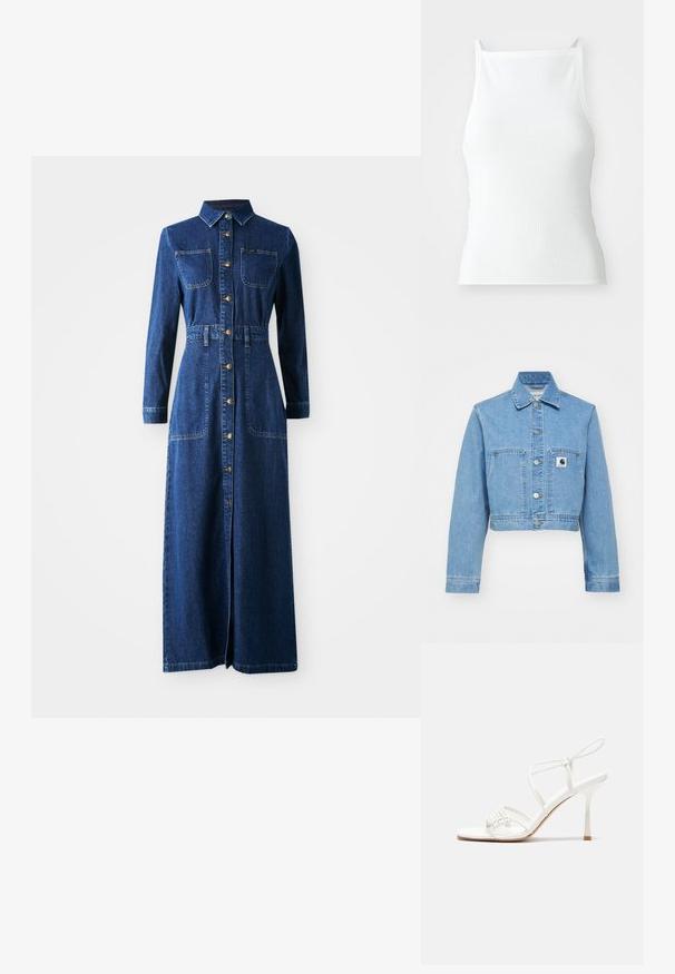 Veste en denim bleu cropped avec fermeture à boutons, deux poches avant et une étiquette logo. Caractéristiques d'un col classique et de manches longues.; Débardeur blanc côtelé avec de fines bretelles, présentant un design ajusté et une texture lisse. Le tissu semble élastique et légèrement structuré.; Robe maxi en jean avec des manches longues, un col pointu, une fermeture à boutons sur le devant, deux poches poitrine, une taille cintrée et des fentes latérales pour faciliter les mouvements.; Sandale à talons hauts blanche avec une base de orteil plate, devant texturé avec des accents froncés et une fine bride à la cheville.