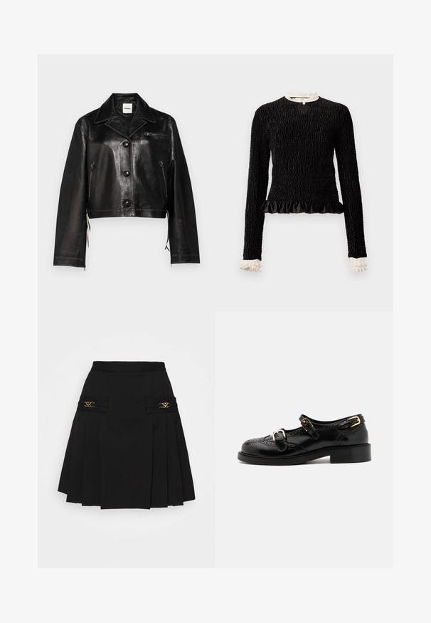 Črna usnjena kratka jakna z izrezanim ovratnikom, sprednjimi gumbi, stranskimi zadrgami in detajlom na prsnem žepu. Gladka tekstura in prilegajoča zasnova.; Črn dolg rokav vrh z teksturirano tkanino, nabranim robom in belimi nabranimi poudarki na ovratniku in manšetah. Ima osrednji zanka zapiranje.; Črna plisirana krila z zlatimi dodatki. Ima stranske žepe z logotipom, izdelana je iz gladkega materiala. A-linijska silhueta.; Črne usnjene čevlje z brogu podrobnostmi, ki vključujejo dva zaponka, okroglo konico in nizko peto. Gladka tekstura z sijočim zaključkom.