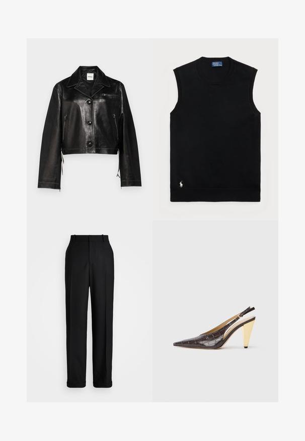 Sorte læder cropped jakke med slå-krave, frontknapper, sidelommer med lynlås og brystlomme. Glat tekstur og tætsiddende design.; Sort ærmeløs bomuldsstrik med rund halsudskæring. Har et lille hvidt logo i nederste venstre hjørne og ribbede kanter.; Polo Ralph Lauren HIGH RISE RELAXED STRAIGHT TROUSER - Bukser - black; Spids-tå slingback hæl i mørkebrun blank fake krokodillelæder. Har en guldfarvet geometrisk hæl og justerbar ankelrem.