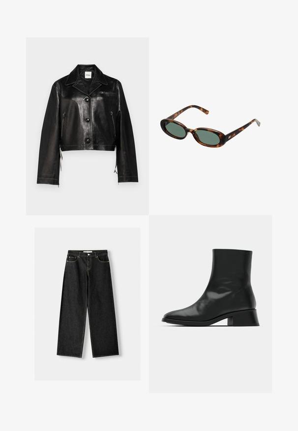 Schwarze Leder-Cropped-Jacke mit Reverskragen, vorderen Knöpfen, seitlichen Reißverschlüssen und Brusttaschen-Detail. Glatte Textur und taillierte Passform.; Schwarzes, geripptes Tanktop mit rundem Ausschnitt und besticktem Logo in Weiß. Der Stoff hat eine glatte Textur und eine körperbetonte Passform.; Schwarze Jeans mit weitem Bein aus Denim, mit fünf Taschen, metallischem Knopf und Reißverschluss und kontrastierenden gelben Nähten entlang der Nähte.; Schwarze Ankle Boots aus glänzendem Leder, mit einem eleganten Design, spitzer Zehenpartie und einem moderaten Blockabsatz für Stabilität.; Schildpatt-Sonnenbrille mit ovalen Rahmen und grünen Gläsern. Verfügt über dünne Bügel mit einem metallischen Akzent in der Nähe der Scharniere.