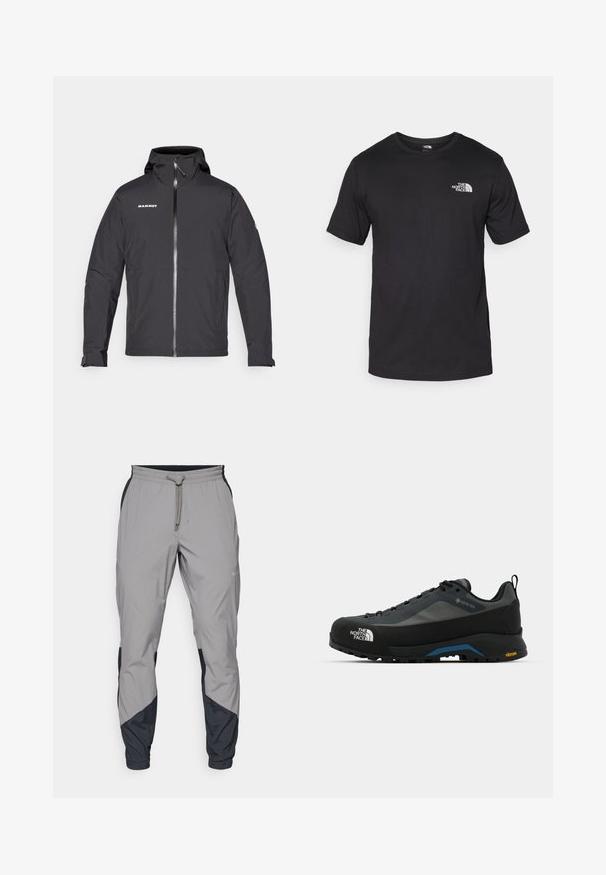 Crna vodootporna jakna s kapuljačom, prednjim patentnim zatvaračem i detaljem sa logotipom na lijevoj strani grudi. Ima dugačke rukave s podesivim manžetama.; Crna majica kratkih rukava od pamuka, s okruglim izrezom i malim bijelim logotipom na gornjem lijevom dijelu prsnog koša.; Lagane, sive atletske hlače s crnim akcentima. Elastični pojas, zatvaranje na vezicu, dizajn suženih nogavica i bočne džepove.; The North Face VERTO ALPINE GORE TEX - Obuća za pješačenje - asphalt grey/tnf black