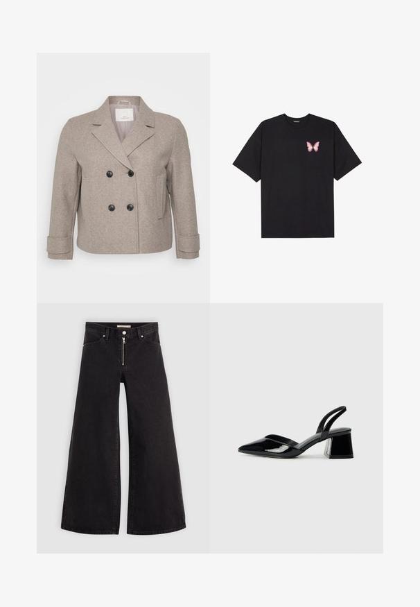 Dubbelknäppt jacka i ljusbeige ullblandning. Har svarta knappar, en sneddad krage och en ficka på höger sida.; Svart bomullströja med korta ärmar, med en liten rosa fjärilsgrafik på vänster bröst. Rundad halsdesign med en avslappnad passform.; Breda jeans i svart denim med dragkedja fram, femfickorsdesign och subtila sömdetaljer. Slät textur och avslappnad stil.; Svarta lackläder slingback klackar med spetsig tå och geometrisk klack. Har en elegant, minimalistisk design och slät yta.