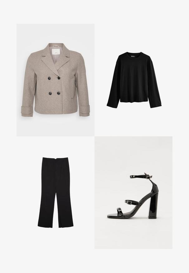 Dvojna jakna iz svetlo bež volnenega mešanca. Ima črne gumbe, ovratnik s klasičnim izrezom in en žep na desni strani.; Črna dolga majica z dolgimi rokavi, izdelana iz mehkega bombaža. Ima okroglo vratno izreza, sproščen kroj in minimalističen dizajn brez vzorcev ali okrasnih elementov.; Črne hlače ravnega kroja z naglavnimi žepi in stranskimi razporki na robu. Narejene iz mehke, gladke tkanine. Primerne za različne priložnosti.; Črne lakaste sandale z visokimi petami, z dvema trakovoma z zaponkama, kvadratnim sprednjim delom in masivno širšo peto, z gladko, sijočo teksturo.