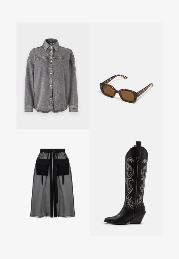 Camisa de denim gris con cuello clásico, parte delantera abotonada y adornada con pequeños clavos de plata en los hombros y el pecho. Mangas largas.; Vestido de tubo de punto en un azul marino oscuro con manga corta, que presenta un diseño ajustado y una textura suave. Cuello ajustable para un ajuste personalizado.; Chaqueta corta negra de satén suave. Presenta mangas anchas, un escote redondeado y un cierre frontal con lazo. Sin patrones ni adornos visibles.; Falda negra transparente con una cinturilla fruncida, que presenta dos grandes bolsillos frontales, un lazo en la cintura y un acento metálico circular.; Botas de cowboy de cuero negro con puntas afiladas, tacones cuña y patrones florales bordados en plata a lo largo del caña. Costuras en contraste por toda la bota.; Gafas de sol de carey con un marco redondeado y robusto y lentes marrones. Presentan patrones sutiles y brazos rectos y cónicos.; Bolso de mano de cuero negro con un diseño curvado, que cuenta con tachuelas plateadas, una hebilla y dos bolsillos laterales. Correa ajustable para opciones de transporte.