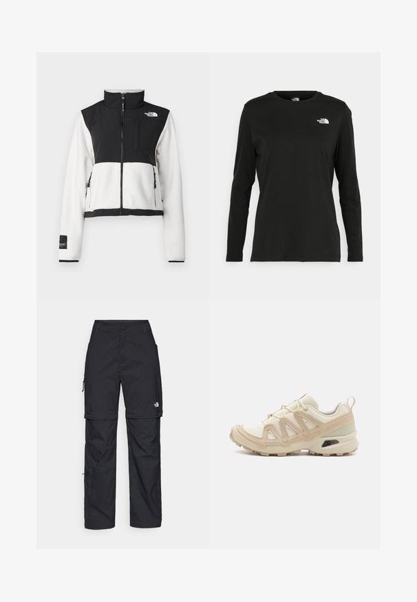 The North Face W RETRO DENALI JACKET - Fleecejakke - white dune/black; Svart langermet T-skjorte laget av bomull med rund hals. Har en liten hvit logo på venstre brystområde. Enkelt design og passform.; Svarte nylon cargo-bukser med glidelås og justerbare mansjetter, flere lommer og en logo på høyre bein. Glatt, lett tekstur.; Beige og krem joggesko med teksturert mesh-overdel, støttende overlegg og gummisåle med et mønster for godt grep.