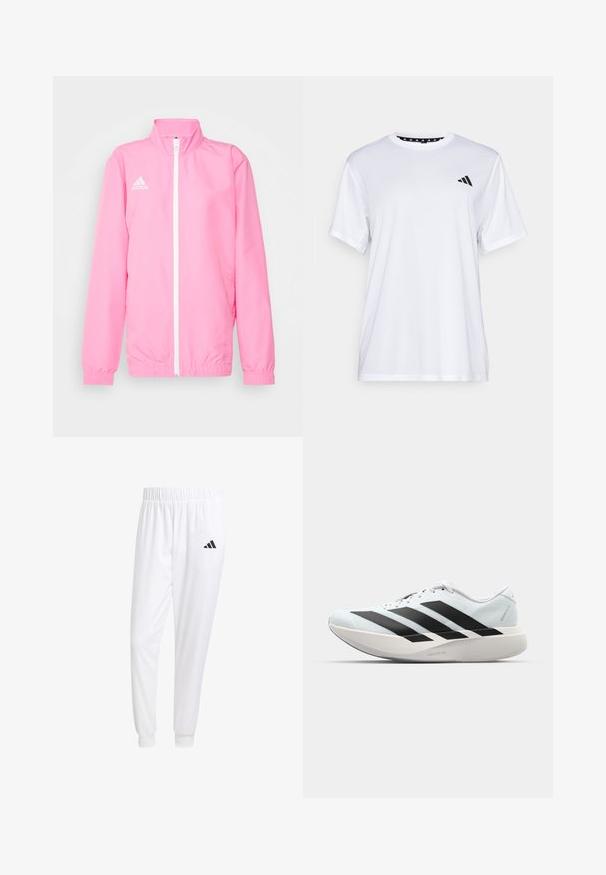 adidas Performance ENTRADA 22 PRESENTATION JACKET - Sportovní bunda - pink glow; Bílý sportovní tričko s krátkými rukávy, vyrobené z materiálu odvádějícího vlhkost. Na levé straně hrudi se nachází černé logo a vnitřní límec je vzorovaný.; Bílé sportovní kalhoty vyrobené z hladkého materiálu, s elastickým pasem a přiléhavými manžetami, s černým logem na zadní kapse.; Lehké běžecké boty v světle modré barvě s černými pruhy. Mají hladký svršek, kulatou špičku a silnou bílou mezipodešev označenou "LIGHTSTRIKE PRO."