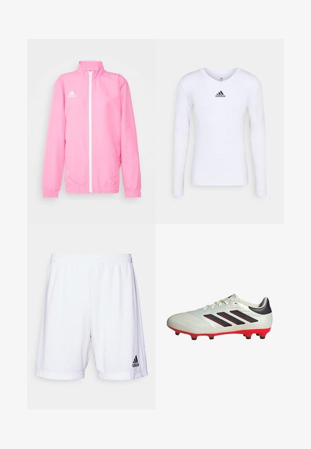 adidas Performance ENTRADA 22 PRESENTATION JACKET - Giacca sportiva - pink glow; Maglietta atletica bianca a maniche lunghe realizzata in materiale morbido con logo Adidas nero sul petto; design a V e forma aderente.; Pantaloni sportivi bianchi con vita elastica, realizzati in un tessuto liscio. Presentano un logo Adidas nero sul lato sinistro in basso.; Scarpa da calcio bianca con accenti neri e suola rossa. Presenta tre strisce nere sul lato e una tomaia liscia e testurizzata.