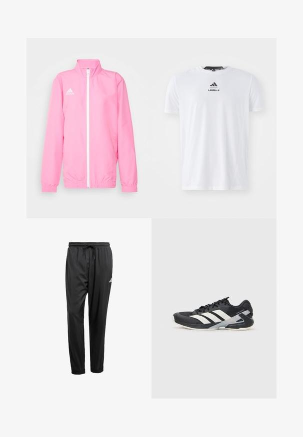 adidas Performance ENTRADA 22 PRESENTATION JACKET - Training jacket - pink glow; White athletic t-shirt made of lightweight fabric. Features a round neckline, short sleeves, and black "LES MILLS" logo on the front.; Black athletic pants with elastic waistband, drawstring, cuffed ankles, and a small white logo on the right thigh.; Black athletic shoe with white stripes, mesh upper, rounded toe, and cushioned sole. Features a textured heel and secure lacing system.