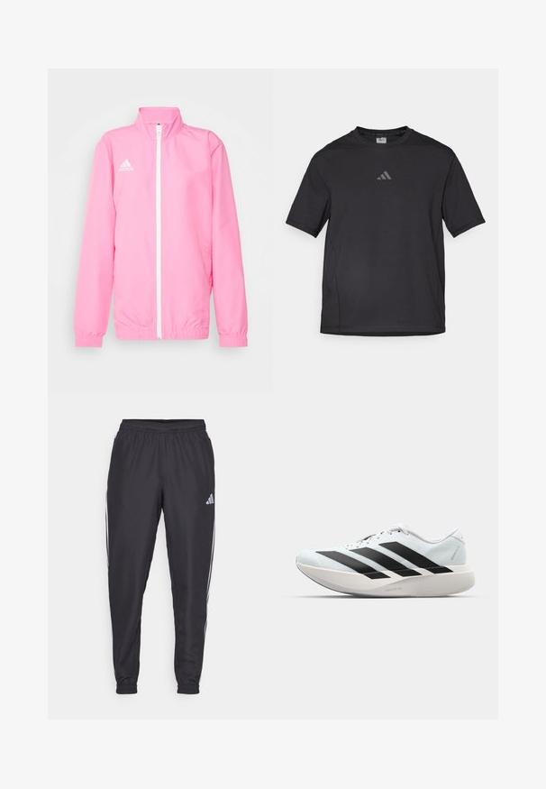 adidas Performance ENTRADA 22 PRESENTATION JACKET - Tréning dzseki - pink glow; Fekete sport póló lélegző anyagból, rövid ujjú, kerek nyakkal és fényvisszaverő logóval a mellkasán.; Fekete sportnadrág elasztikus derékkal, oldalán fehér csíkokkal és egy apró logóval a csípőn. Sima textúra.; Világoskék, fekete csíkos könnyű futószerek. Simább felső résszel, kerek orral és vastag fehér középtalppal, amelyen a "LIGHTSTRIKE PRO" felirat olvasható.