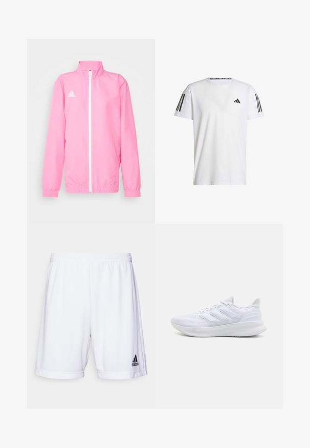 adidas Performance ENTRADA 22 PRESENTATION JACKET - Trainingsjacke - pink glow; Weißes T-Shirt mit kurzen Ärmeln aus atmungsaktivem Stoff, featuring ein schwarzes dreieckiges Logo und drei schwarze Streifen auf jeder Schulter.; Weiße Sportshorts mit elastischem Bündchen, aus einem glatten Stoff gefertigt. Mit einem schwarzen Adidas-Logo auf der unteren linken Seite.; Weiße Sportschuhe mit einem strukturierten Mesh-Obermaterial, einer stützenden gepolsterten Sohle und einem drei Streifen-Design an der Seite.