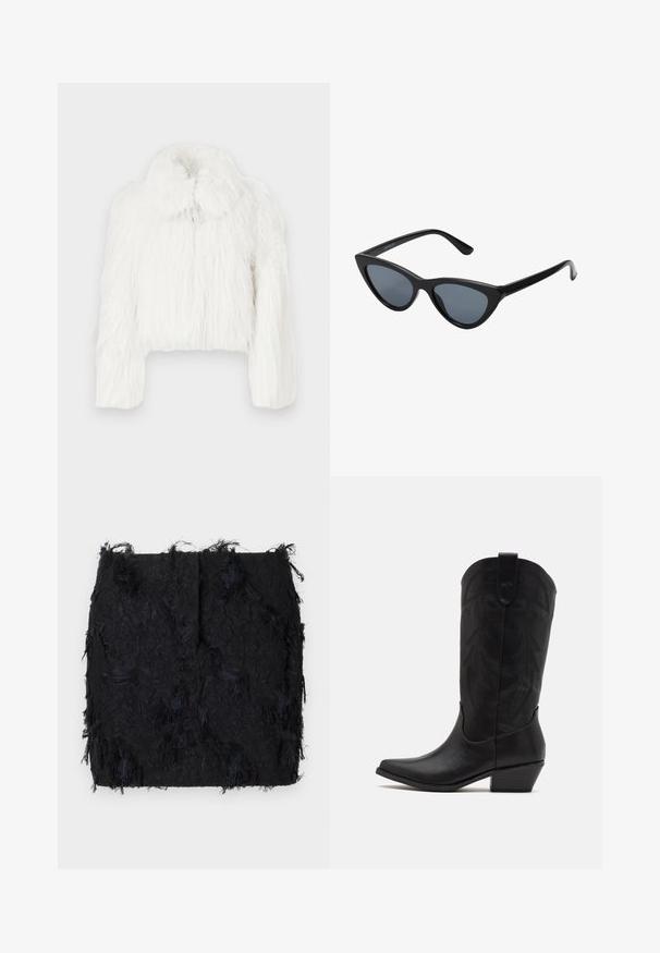 Jachetă albă scurtă din blană, cu o textură pufoasă, având un guler rotund și mâneci lungi. Material moale și dens, fără închizători vizibile.; Două bluze fără mâneci, din tricot cu guler înalt, în nuanțe de maron și negru, expuse pe un fundal alb simplu.; Fustă neagră texturată, cu un design din franjuri stratificați și o margine puțin neregulată, realizată dintr-un material ușor.; Cizmă cowboy din piele neagră, cu vârf ascuțit, toc mic și detalii complexe cu model de frunze embosat pe gleznă. Mânecă la vârf pentru o îmbrăcare ușoară.; Ochelari de soare negri de tip cat-eye cu lentile gri închis, cadru din plastic elegant, colțuri ascuțite și brațe drepte. Fără hardware sau accente vizibile.
