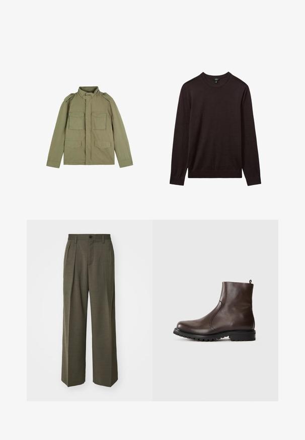Olijfgroene militaire stijl jas met een hoge kraag, schouderepauletten en vier voorzakken; gemaakt van lichtgewicht stof met een gladde textuur.; Reiss Trui - dark bordeaux; Filippa K WIDE TROUSERS - Broek - driftwood; Bruine leren enkelboot met een gladde textuur, elastische zijpanelen, een trekband aan de achterkant en een robuuste rubberen zool.