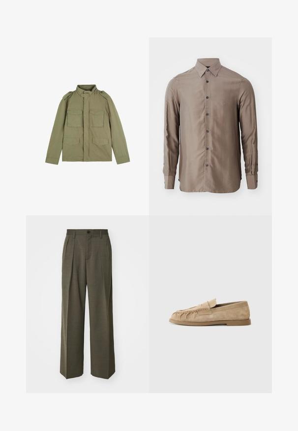 Olivově zelená vojenská bunda s vysokým límcem, ramenními epauletami a čtyřmi předními kapsami; vyrobená z lehké tkaniny s hladkým povrchem.; Kostková košile s dlouhým rukávem v taupe barvě, vyrobená z hladkého materiálu, s zapínáním na knoflíky a tmavými knoflíky, s malým logem na hrudi.; Filippa K WIDE TROUSERS - Kalhoty - driftwood; Béžové semišové slip-on mokasíny s nařaseným designem, mají plochou podrážku a dekorativní pásek přes nárt. Hladký povrch.