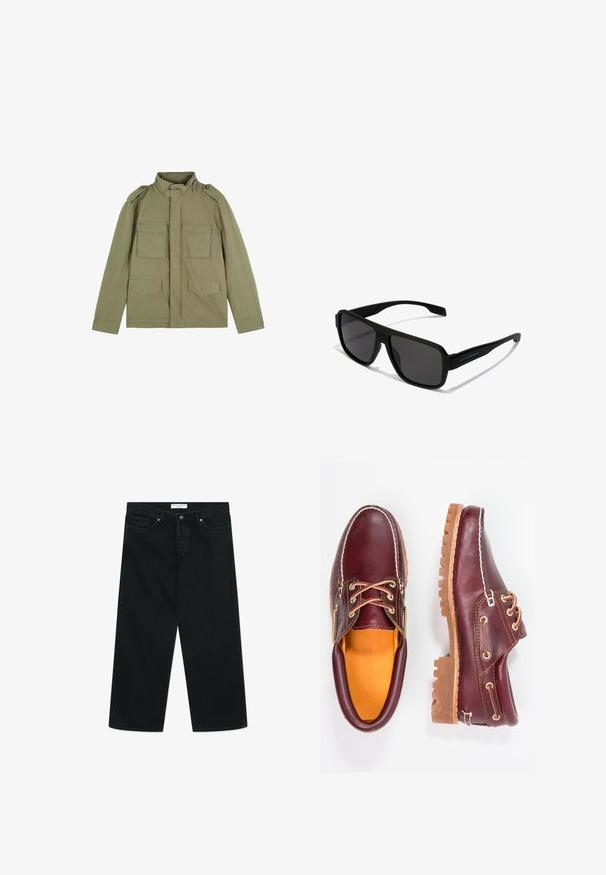 Olive green military-style jacket with a high collar, shoulder epaulets, and four front pockets; made of lightweight fabric with a smooth texture.; Black short-sleeve t-shirt with a round neckline, made of a smooth, stretchy fabric. The fit is slim, designed to sit close to the body.; Black wide-leg jeans in denim fabric, featuring a front button closure, belt loops, and pockets. Smooth texture, minimalist design.; Burgundy leather shoes with brown rubber soles, round toe, white stitching, and gold eyelets. Interior features a yellow lining.; Hawkers PARLAY - Sunglasses - black