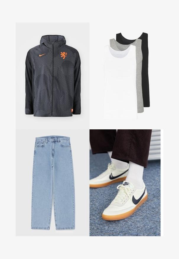 Jachetă Nike de culoare neagră cu un model punctat, având un emblema portocalie cu un leu și logo-ul. Include glugă și fermoar frontal.; Trei cămăși fără mâneci în alb, gri și negru. Fiecare are un design clasic fără mâneci, fiind realizată dintr-un material din bumbac ușor, cu o textură ribbed.; Jeans din denim de culoare albastru deschis, cu un design cu picioare drepte, având talie medie, cinci buzunare și un sistem de închidere cu nasture și fermoar.; Sneakers Nike din piele albă cu un swoosh bleumarin, având un branț din cauciuc de culoare gumă și șireturi albe, asortate cu șosete albe și pantaloni închisi din ribstop.