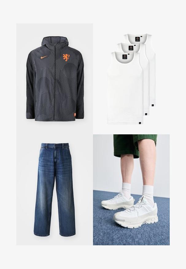 Nike takki mustana, jossa on laikullinen kuosi, ja jossa on oranssi leijonavaakuna ja logo. Mukana on huppu ja vetoketjullinen etuosa.; Kolme valkoista ribbitekstiilistä toppia, jotka on valmistettu puuvillasta. Ominaisuuksiin kuuluu pyöreä pääntie ja pieni musta etiketti helman lähellä. Saatavilla useissa kooissa.; Vaaleansiniset korkeavyötäröiset farkut, joissa on leveät lahkeet, hienovarainen kulutusvaikutus, etutaskut ja napitus vyötäröllä.; Valkoiset urheilukengät, joissa on tekstuuriset päällysteet, paksu pohja ja harmaat yksityiskohdat. Yhdistetty valkoisiin putkisukkiin ja vihreisiin shortseihin sinisellä pinnalla.