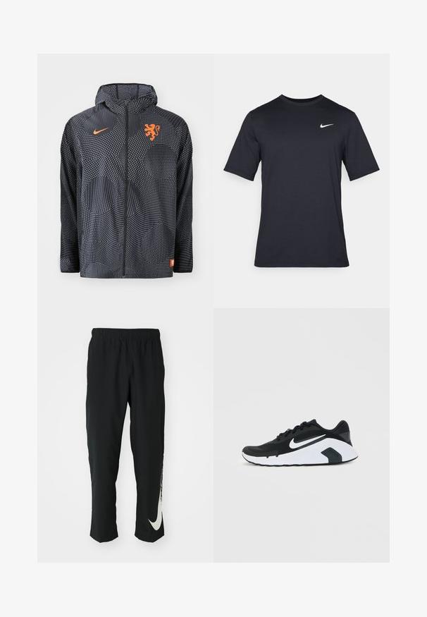 Fekete Nike dzseki pöttyös mintával, narancssárga oroszlán emblémával és logóval. Kapucnival és cipzáras elülső résszel rendelkezik.; Fekete, rövid ujjú Nike póló sima anyagból, fehér swoosh logóval a bal felső oldalon, kerek nyakkivágással.; Fekete sportnadrág rugalmas derékpánttal, szűkített kialakítással, az előtérben egy nagy fehér Nike logóval a bal lábon. Puha, könnyű anyag.; Fekete-fehér Nike futócipő, fehér swoosh logóval, fűzős dizájnal és párnázott talppal, oldalnézetből, sima háttér előtt.