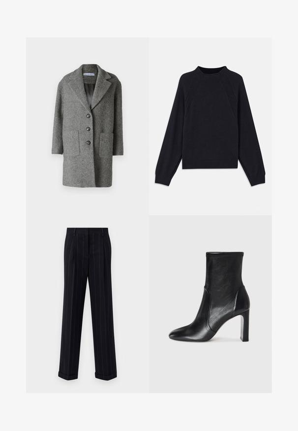 Grau Wollmantel mit Reverskragen, drei Knöpfen, zwei Fronttaschen und einem glatten Innenfutter. Maßgeschneiderter, strukturierter Schnitt.; Dunkelblauer Pullover mit rundem Ausschnitt, langen Raglanärmeln, gerippten Bündchen und geradem Saum. Hergestellt aus einem weichen, strukturierten Strickmaterial.; Schwarz gestreifte Hose mit tailliertem Schnitt, mit einem umgeschlagenen Saum und vorderen Falten. Hergestellt aus glattem Stoff mit einer strukturierten Gestaltung.; Schwarze Leder-Stiefelette mit schlankem Design, spitz zulaufender Zehenpartie und hohem Blockabsatz. Verfügt über eine glatte Textur und minimalistische Steppnähte.