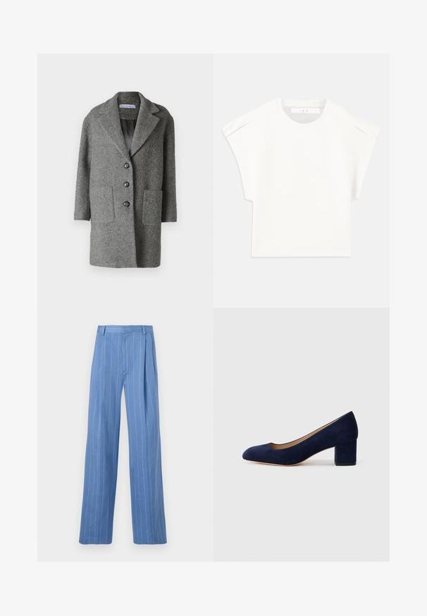 Siv volnen plašč z rever ovratnikom, tremi gumbi, dvema sprednjima žepoma in gladkim notranjim podloženjem. Prilagojena, strukturirana zasnova.; Bela boxasta majica s kratkimi rokavi. Narejena iz gladkega materiala, z okroglo ovratnikom in diskretnimi poudarki na ramenih. Preprost dizajn.; Svetlo modre široke hlače z vertikalnimi belimi črtami. Narejene iz gladkega materiala, z sprednjim pregibom in čistim dizajnom pasu.; Temno modri nubuk čevlji s koničastim nosom in srednje visokim blokom. Gladka tekstura z diskretnim sijajem in majhnim izrezom spredaj.