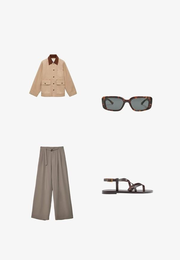 Veste beige avec un col en velours côtelé brun. Dotée d'une fermeture à boutons, d'une poche poitrine et de deux poches avant. Fabriquée en tissu durable.; Pull en maille beige à manches courtes avec un col rond, présentant un motif texturé et un ourlet côtelé. Design simple et ajusté.; Pantalons évasés en tissu gris doux et muted, avec une taille ceinturée et des plis pour un détail de design supplémentaire. Texture lisse, sans motifs.; Sandale en cuir marron avec des brides entrecroisées, une fermeture à boucle à la cheville et une semelle plate avec des détails de couture minimaux.; Lunettes de soleil en écaille de tortue avec des verres rectangulaires, monture épaisse et verres teintés foncés. Texture lisse et design minimaliste.