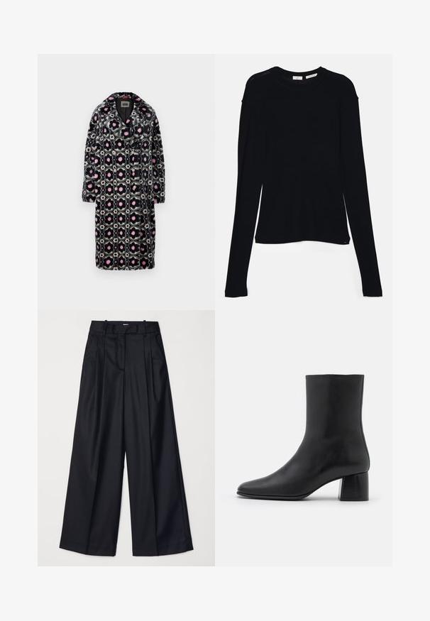 Faux pälsjacka med ett blommönster i svart, rosa och kräm. Har en sjalkrage, knappstängning och långa ärmar.; Svart långärmad topp i mjukt tyg, med rund halsringning och avslappnad passform samt sidoventiler vid nederkant för ökad rörlighet.; Svarta vida byxor i slät tyg, med hög midja, veck och skräddarsydd design. Enkel svart detalj vid midjan.; Svart läderankelstövel med spetsig tå och chunkig fyrkantig klack. Slät textur med sömlös design och minimalistisk sömnad.