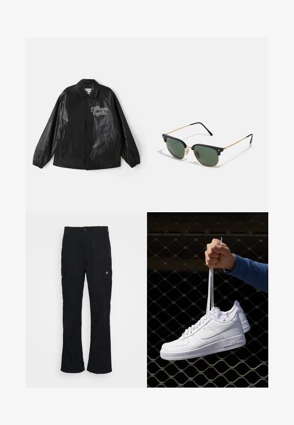 Veste en cuir noir avec boutons-pression, manches raglan et deux poches latérales. Présente un logo brodé "Billionaire Boys Club" sur la poitrine.; T-shirt blanc à manches longues en coton. Présente un col rond et un petit logo bleu marine sur la poitrine gauche. Texture lisse, design simple.; Pantalons cargo noirs avec une coupe droite, fabriqués en tissu durable, dotés de poches latérales et d'un logo en patch sur le côté gauche.; Baskets en cuir blanc avec perforations, à bout rond, semelle plate et lacets épais, arborant un logo swoosh visible et "AIR" sur le talon.; Lunettes de soleil avec des verres verts, un cerclage supérieur en plastique noir, des accents en métal doré et des branches fines en noir. Présente un design de pont distinctif.