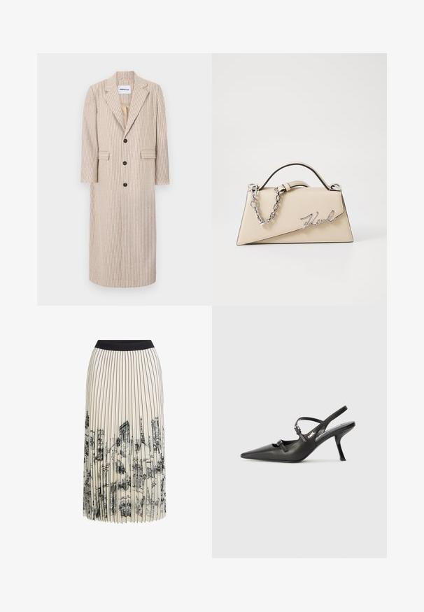 Abrigo largo beige con rayas verticales, fabricado en tejido texturizado, con cuello de muesca, tres botones y dos bolsillos laterales.; Top corto negro de cuello alto, con líneas verticales de lentejuelas plateadas, mangas transparentes y tejido texturizado.; Falda plisada en crema con una cinturilla negra que presenta una impresión detallada de bocetos arquitectónicos en negro, resaltando varios diseños de edificios.; Tacones slingback de cuero negro con punta afilada, tacón delgado y detalle decorativo de hebilla en la parte superior. Textura suave y diseño elegante.; Bolso de mano de cuero beige con una forma triangular estructurada, que cuenta con un asa de cadena plateada y un logotipo en cursiva de metal.