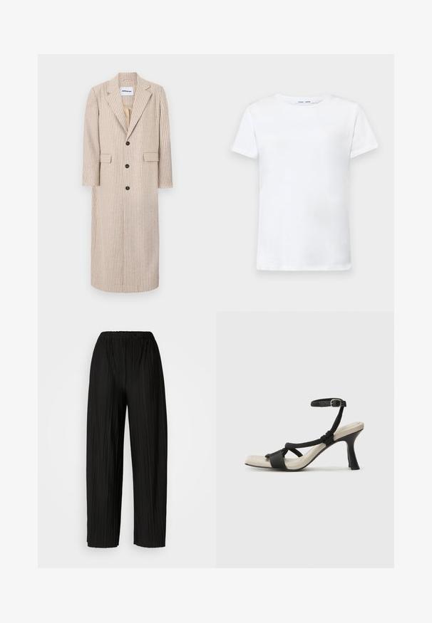 Beige dlouhý kabát s vertikálními pruhy, vyrobený z texturované tkaniny, se zářezovým límcem, třemi knoflíky a dvěma bočními kapsami.; Bílá krátká tričko s krátkým rukávem vyrobené z bavlny s kruhovým výstřihem. Hladká textura a rovný střih, bez vzorů nebo akcentů.; Černé široké kalhoty se sklady a elastickým pasem. Tkanina má vertikální sklady a hladkou texturu.; Černé sandály na podpatku s pleteným designem pásku, čtveratou špičkou a nastavitelným páskem kolem kotníku. Světle béžová stélka s lesklým černým podpatkem.