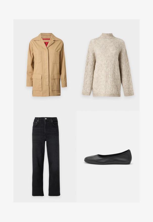 Veste en toile beige avec un col à revers, deux poches sur la poitrine et deux poches latérales inférieures. L'intérieur présente une doublure à motif rouge.; Pull en tricot beige avec un col montant, présentant un motif de câble texturé et des manches amples. Fabriqué à partir d'un fil doux et duveteux.; Jeans droits noirs en denim. Comprend cinq poches, une fermeture à bouton et zip, et des détails de couture subtils.; Ballerines en cuir noir avec un bout rond, texture lisse, détails de couture minimalistes et design de semelle flexible.