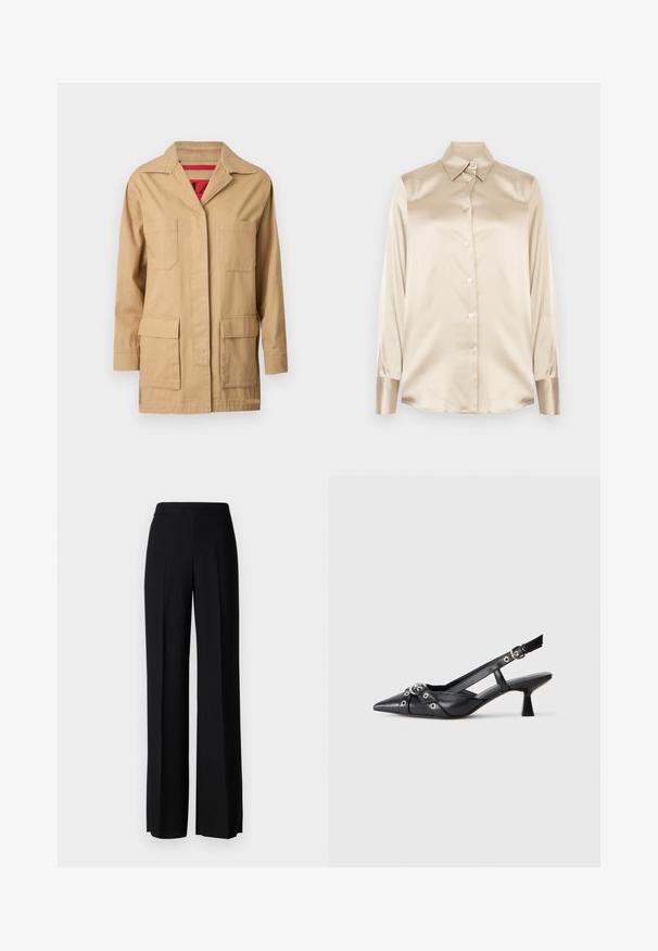Beige vászon dzseki, galléros nyakkal, két mellzsebbel és két alsó oldalzsebbel. Belsejében piros mintás bélés található.; Beige selyem ing hegyes gallérral, teljes hosszúságú ujjakkal, gombos záródással és enyhén fényes anyagú mandzsettákkal. Minták vagy díszítések nélkül.; Fekete, széles szárú nadrág sima tapintással, magas derékkal és középen pliszével. Nincsenek látható minták vagy fém részletek.; Fekete bőr slingback cipő hegyes orral, dekoratív pántokkal, fém szemekkel és alacsony blokk sarkú. Texturált felület.
