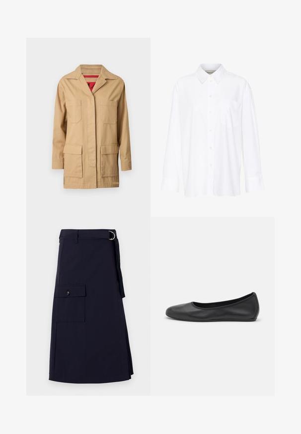 Beige canvasjacka med krage, två bröstfickor och två nedre sidofickor. Inuti har den ett rödmönstrat foder.; Vit långärmad skjorta med krage i bomull. Har en knapp-down fram och en enda bröstficka. Slät textur, avslappnad passform.; Marinblå kjol med en strukturerad design, som har en sidocargoficka och en metall D-ring bältesdetalj. Tillverkad av slitstarkt tyg.; Svart läderballerinaskor med rund tå, slät yta, minimala söm detaljer och en flexibel sula.