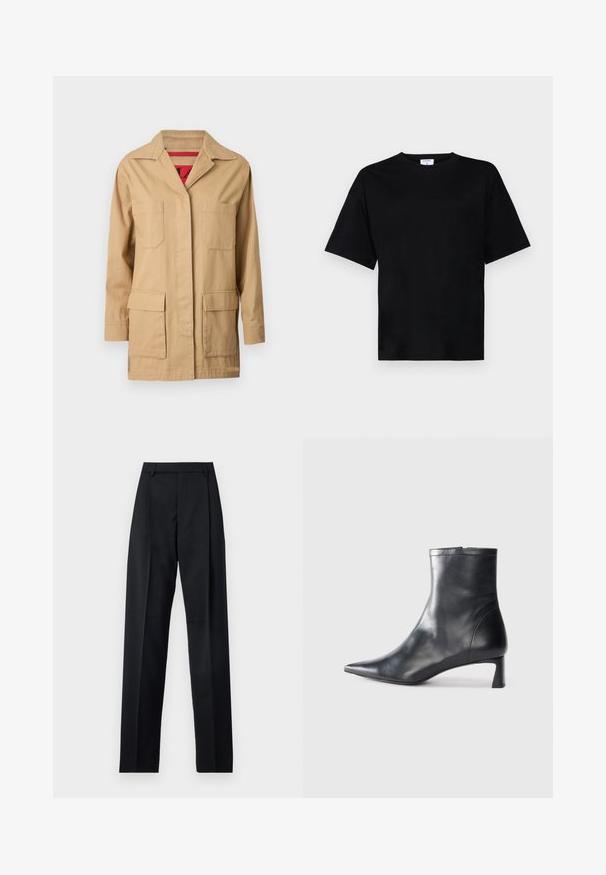 Bežist kott, millel on kraega kaelus, kaks rinna taskut ja kaks madalat küljetaskut. Sees on punase mustriga vooder.; Must t-särk lühikeste varrukatega, mugavas lõikes, pehmest kangast, ümmarguse kaelusega ja ilma silmapaistvate mustrite või aktsentideta.; Mustad püksid siledast kangast, millel on kõrge vöökoht, laiad jalad, esimesed kortsud ja klassikalised vööloopid. Küljepockets pole nähtavad.; Mustad mustall nahkasaabas terava nina ja stiilse disainiga. Omab madalat konts ja luku sulgemist taga. Sile tekstuur.