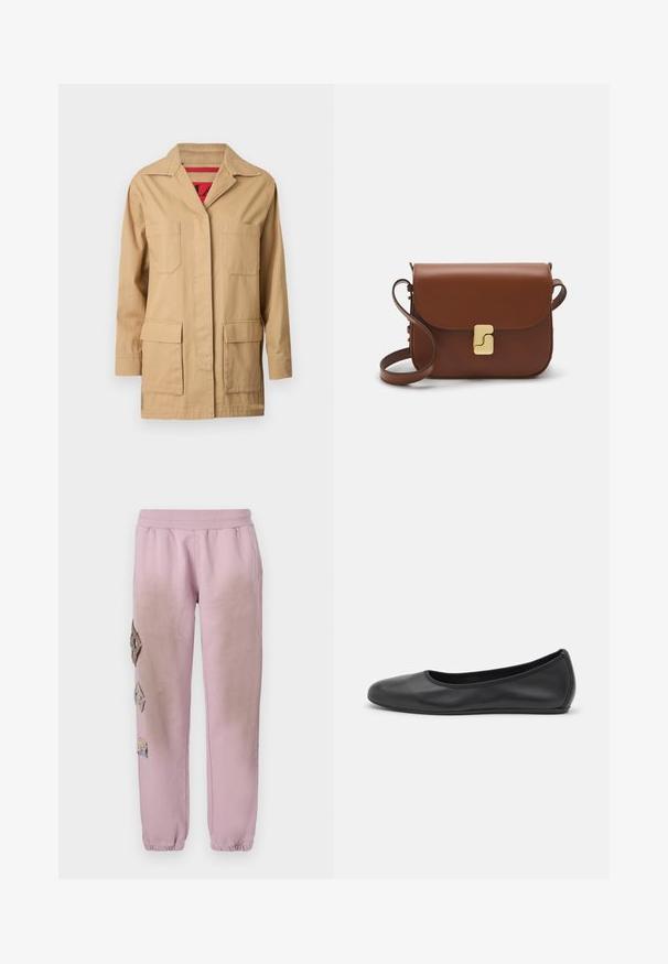 Beige Leinenjacke mit Kragen, zwei Brusttaschen und zwei seitlichen Taschen. Die Innenseite hat ein rot gemustertes Futter.; Weißes kurzärmliges T-Shirt aus geripptem Stoff. Runder Halsausschnitt, normale Passform und dezente Nähte. Keine Muster oder Grafiken.; Rosa Sweatpants mit elastischem Bund, verziert mit dekorativen Patches in Diamantform auf der linken Seite und elastischen Bündchen an den Knöcheln.; Schwarze Leder-Ballettschuhe mit abgerundeter Spitze, glatter Textur, minimalen Nähdetails und einem flexiblen Sohlen-Design.; Braune Ledertasche mit Klappenverschluss, Beschlägen in Goldfarbe, einem Schultergurt und einer glatten Oberfläche. Kompakte rechteckige Form.