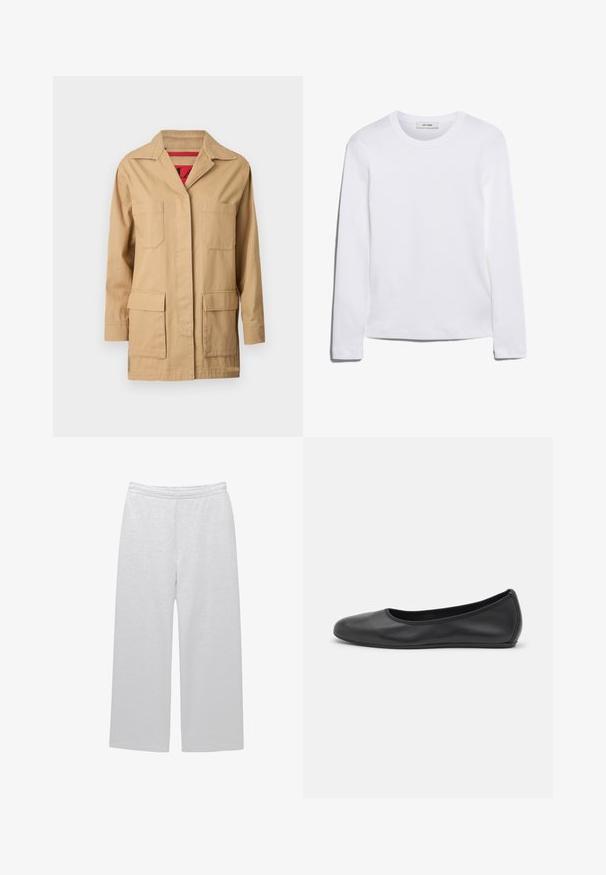 Giacca in tela beige con collettino, due tasche sul petto e due tasche laterali inferiori. L'interno presenta una fodera a motivo rosso.; T-shirt bianco a maniche lunghe realizzato in cotone a coste, con scollo rotondo e orlo dritto. Design semplice senza motivi o accenti.; Pantaloni larghi bianchi realizzati in tessuto morbido con vita elasticizzata e due tasche laterali; texture liscia e dettagli minimi.; Pantofole da balletto nere in pelle con punta arrotondata, texture liscia, dettagli di cucitura minimi e design con suola flessibile.