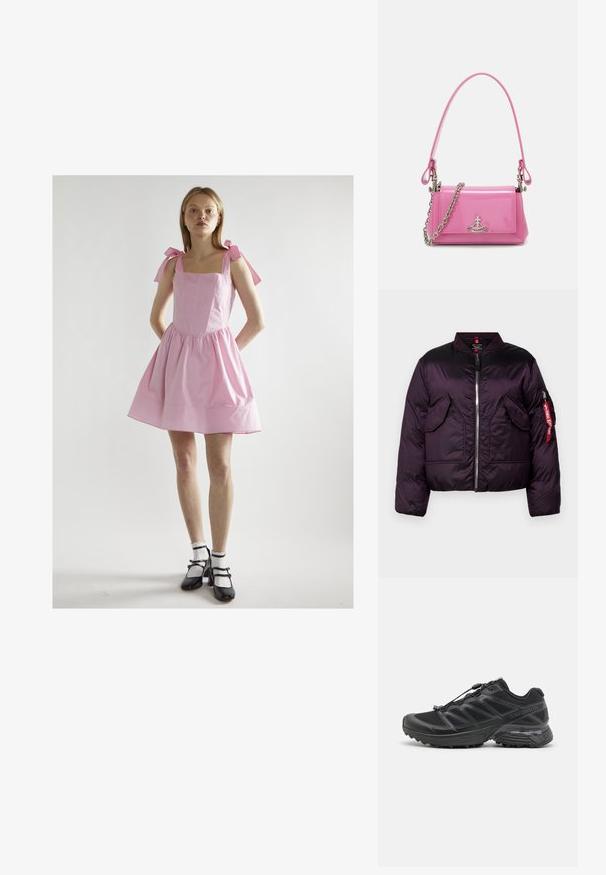 Violetti puffertakki, jossa on pommittajan muotoilu, etujouston vetoketju, kaksi suurta etutaskua ja hihoissa oleva tasku punaisella tarralla.; Vaaleanpunainen puuvillamekko neliön muotoisella pääntiellä, laskostetulla hameella ja solmittavilla olkaimilla. Yhdistetty mustiin Mary Jane -kengiin ja valkoisiin frillireunaisiin sukkiin.; Musta juoksukenkä, jossa on verkko- ja synteettinen päällinen, joustava ulkopohja ja joustavat nauhat. Sisältää pehmustetun välipohjan mukavuutta varten.; Vaalea vaaleanpunainen lakattu nahkakäsilaukku, jossa on suorakulmainen muoto, irrotettava ketjun olkaimet ja hopeiset yksityiskohdat edessä.