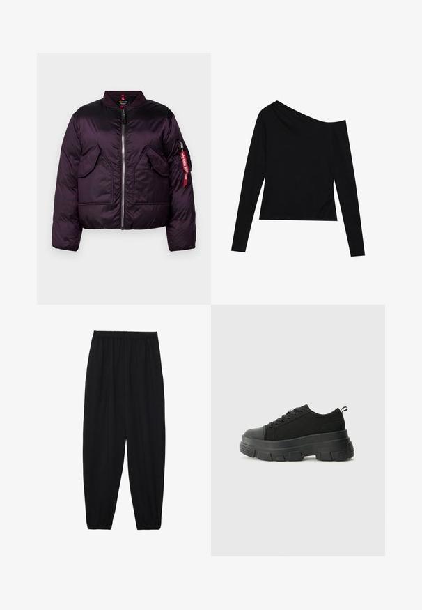 Lila Daunenjacke im Bomberdesign, ausgestattet mit einem Frontreißverschluss, zwei großen Fronttaschen und einer Ärmel-Tasche mit einem roten Etikett. ; Schwarzes Langarmoberteil mit asymmetrischem Ausschnitt und taillierter Passform aus weichem, glattem Stoff. Keine sichtbaren Muster oder Beschläge.; Schwarze, leichte Hosen mit einem elastischen Bund und gerafften Knöcheln. Der Stoff ist glatt und hat ein entspanntes, schmal zulaufendes Design.; Schwarze Sneakers mit einer dicken Gummisohle, strukturiertem Obermaterial, runder Zehenpartie und Schnürdesign. Verfügt über verstärkte Ösen und eine Schlaufe an der Rückseite.