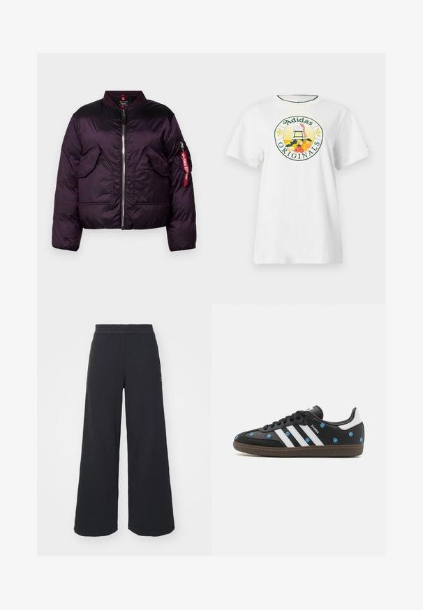 Jachetă puf purple cu un design bomber, având un fermoar frontal, două buzunare mari în față și un buzunar pe mână cu un detaliu roșu.; Tricou alb din bumbac, cu mâneci scurte, având un logo grafic rotund în verde și galben, care afișează "Adidas Originals" și desene cu fructe.; Pantaloni de trening negri, cu picioare largi, confecționați dintr-un material moale, având un talie elastică și un logo mic pe partea stângă.; Sneaker din piele neagră cu dungi albe și broderie florală în albastru. Are o talpă din cauciuc maro și un design cu vârful rotunjit.