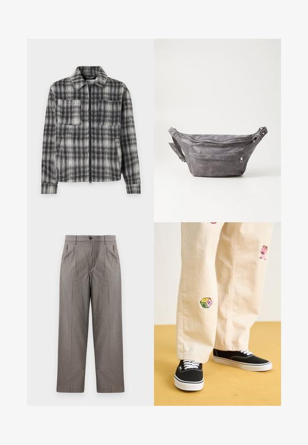Grau-schwarze Karojacke mit einem Reißverschluss vorne, zwei Brusttaschen und einem weichen, strukturierten Stoff. Sie verfügt über einen kragenlosen Ausschnitt und lange Ärmel.; Dunkelgrüner Hoodie aus weichem Material, mit einer Kängurutasche, Bindebändern und einem weißen Textlogo auf der linken Brustseite.; Grau Hahnentrittmuster-Hosen mit geradem Bein, ausgestattet mitFalten, einem Bund mit Knopfverschluss und Seitentaschen.; Beige Baumwollhosen mit verspielten, gestickten Motiven, darunter eine pinke Figur und bunte Blöcke, kombiniert mit schwarzen Schnürsneakern.; Graue Wildleder-Gürteltasche mit runder Form, zwei mit Reißverschluss verschlossenen Fächern und verstellbarem Trageriemen. Mit metallischen Hardware-Akzenten.