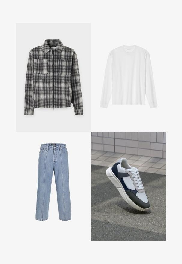 Grijze en zwarte geruite jas met een ritssluiting aan de voorkant, twee borstzakken en een zachte, textuurrijke stof. Beschikt over een kraag en lange mouwen.; Wit katoenen t-shirt met lange mouwen, ronde hals en geribbelde manchetten. Eenvoudig, onopgesmukt ontwerp met een gladde textuur en een standaard pasvorm.; Lichtblauwe denim jeans met een losse pasvorm, wijde benen en zichtbare stiksels. Voorzien van een knoop- en ritsluiting, vijf zakken.; Witte, marineblauwe en grijze sneaker met een gemengde materiaald ontwerp, met een gestructureerde bovenkant, platte veters en een gevoerde zool.