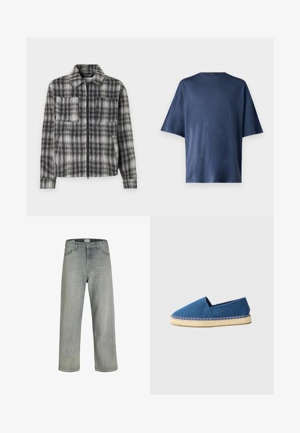 Casaco em xadrez cinza e preto com fecho de correr, dois bolsos no peito e um tecido suave e texturizado. Apresenta um colarinho e mangas longas.; T-shirt azul marinho de manga curta, feito de tecido suave, apresenta um colarinho redondo clássico e um corte descontraído, sem padrões ou realces visíveis.; Jeans soltos de cor cinza claro feitos de denim. Apresentam um design clássico de cinco bolsos, passadores para cinto e uma silhueta de perna reta.; Espadrilha de lona azul com bico fechado, sola de juta e borda cosida. Textura de tecido suave e design de perfil baixo.