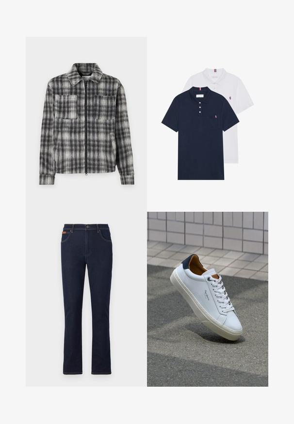 Veste à carreaux grise et noire avec une fermeture éclair à l'avant, deux poches poitrines et un tissu doux et texturé. Présente un col et des manches longues.; Deux polos : un bleu marine et un blanc, tous deux avec un petit accent rouge, blanc et bleu sur la poche poitrine et le col.; Jeans en denim bleu foncé avec une coupe droite, ornés de coutures orange, de cinq poches et d'une fermeture à bouton à la taille.; Sneaker en cuir blanc avec un talon bleu marine, bout rond et accents marron contrastés. Dispose de lacets plats et d'une semelle en caoutchouc texturée.