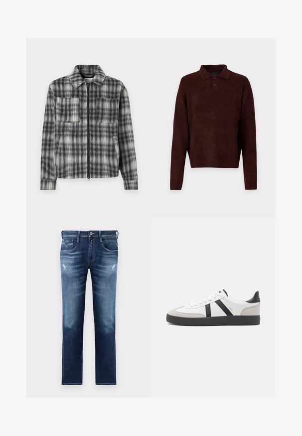 Hall ja must ruuduline jakk tõmbluku ees, kahe rinnatasku ja pehme tekstuuriga kangaga. Omab kraega kaelust ja pikki varrukaid.; Pruun kudumiga pehme pullover, millel on polo kaelus, kolm nuppu kaela juures ja pikad varrukad. Pehme tekstuur, ribidega mansetid ja äär.; Sinised denim püksid regulaarse lõikega, millel on pleekinud pesu, kerge kulumine, viis taskut ja kontrastõmblused. Nööbi kinnitamine vööl.; Valged tossud mustade ja hallide aktsentidega, tekstureeritud halli varbakattega, musta kummitald ja lamedad valged paelad. Puhtad jooned, minimalistlik stiil.