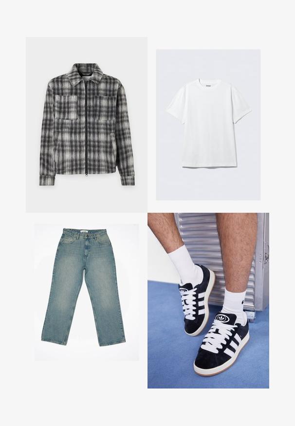 Gray and black plaid jacket with a zip front, two chest pockets, and a soft, textured fabric. Features a collared neckline and long sleeves.; White short-sleeve t-shirt made of soft cotton. Features a crew neck and relaxed fit, with a smooth texture and clean, unadorned design.; Light blue denim jeans with a high waist and wide-leg fit. Features front pockets, a zipper fly, and visible stitching details.; Black suede sneakers with white laces and three white stripes. Features a circular black logo on the tongue and a gum rubber sole.
