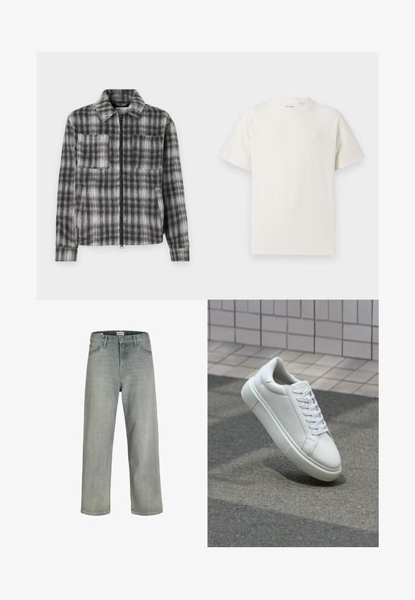 Gray and black plaid jacket with a zip front, two chest pockets, and a soft, textured fabric. Features a collared neckline and long sleeves.; White short-sleeve T-shirt in a ribbed texture. Round neckline, relaxed fit, no visible patterns or accents. Simple and versatile design.; Light gray, loose-fitting jeans made of denim. Features a classic five-pocket design, belt loops, and a straight leg silhouette.; White leather sneaker with a smooth surface, round toe, and flat white laces. Features a textured rubber sole and minimal design elements.