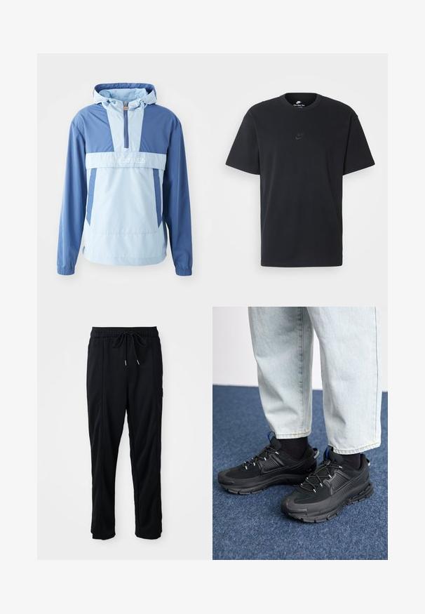Lightweight hooded jacket in blue and light blue. Features a half-zip front, elastic cuffs, and a kangaroo pocket. Smooth texture, sporty design.; Nike black cotton t-shirt with a classic crew neck, short sleeves, and a subtle, embossed logo on the chest. Smooth texture.; Black drawstring waist casual pants with side seam pockets and straight leg cut on a plain background.; Black athletic shoes with textured fabric and rubber soles, featuring elastic laces and a blue accent on the heel. Worn with light denim pants.