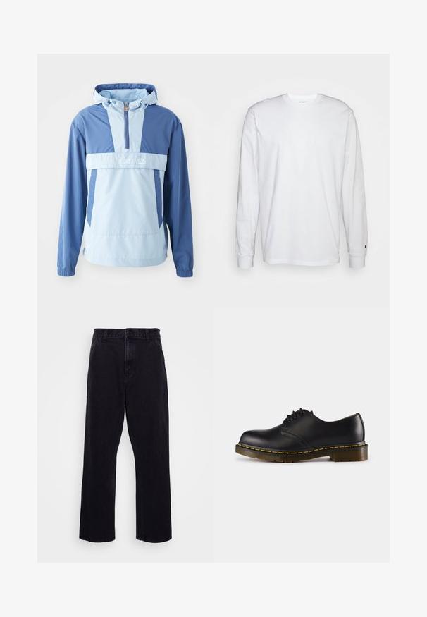 Lightweight hooded jacket in blue and light blue. Features a half-zip front, elastic cuffs, and a kangaroo pocket. Smooth texture, sporty design.; White long-sleeved T-shirt made of cotton. Crew neck design with ribbed cuffs and a small logo on the left sleeve. Smooth texture.; Black denim trousers with a straight leg design, featuring a button and zip closure, belt loops, and minimal stitching details.; Black leather shoe with rounded toe, lace-up design, yellow stitching along the sole, and a chunky, textured rubber outsole.