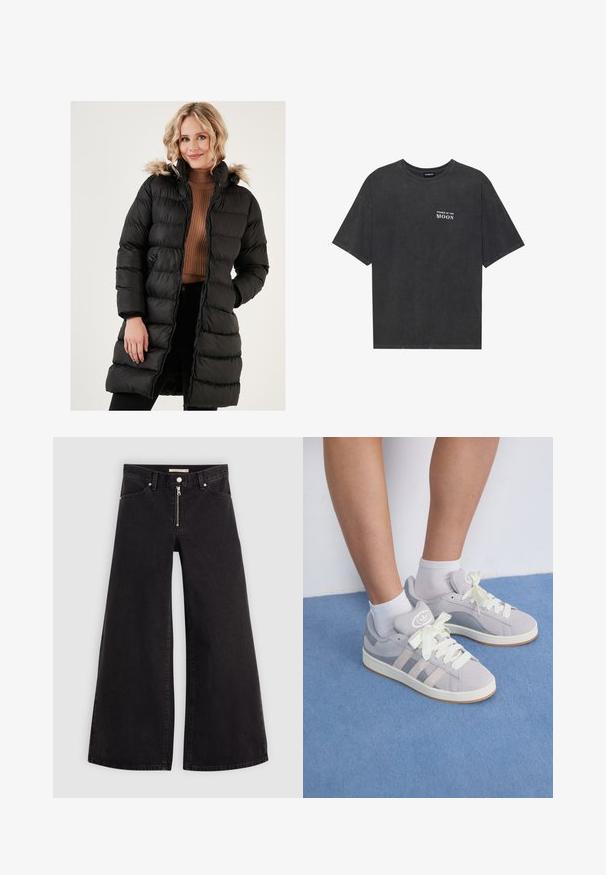 Abrigo acolchado negro de corte largo, con capucha forrada de piel, puños acanalados y diseño acolchado. El material parece brillante y aislante.; Camiseta de algodón negra con un ajuste holgado, que presenta el texto "FASES DE LA LUNA" en blanco en el lado izquierdo del pecho. Mangas cortas, diseño de cuello redondo.; Jeans de pierna ancha en denim negro con cierre frontal, diseño de cinco bolsillos y detalles de costura sutiles. Textura suave y estilo casual.; Zapatillas de ante gris con cordones blancos y suela de goma, que cuentan con tres rayas diagonales en el costado y un parche con el logotipo en la lengüeta.