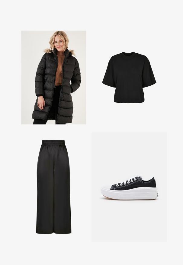 Abrigo acolchado negro de corte largo, con capucha forrada de piel, puños acanalados y diseño acolchado. El material parece brillante y aislante.; Camiseta corta negra de algodón. Cuenta con mangas cortas y un escote redondo. Textura suave con un diseño sencillo, sin patrones adicionales.; Pantalones negros de pierna ancha hechos de una tela suave y brillante, con una cinturilla elástica y sin bolsillos visibles ni detalles de metal.; Zapatillas de lona negras con cordones blancos, puntera de goma blanca y una suela blanca gruesa. Presenta costuras blancas sutiles y una suela de goma.